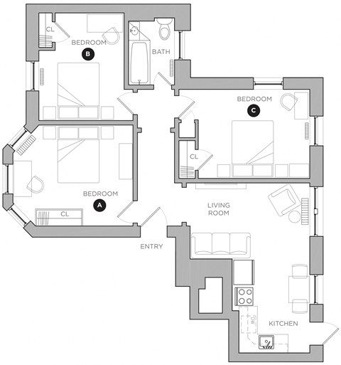 Floor plan for 3 beds, 1 bath, 437 sqft